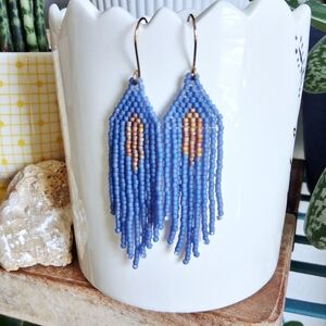 BOGO EARRINGS Blue and bronze beaded fringe dangle earrings, 2.5"